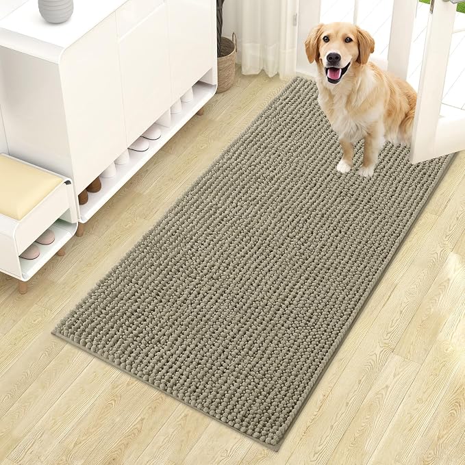 OLANLY Dog Door Mat for Muddy Paws 44x24, Extra Absorbent Chenille Mud Mat | Warm Taupe, Absorbs Moisture and Dirt, Non-Slip Machine Washable Doormat, Quick-Drying Indoor Entryway Floor Mat for Dogs