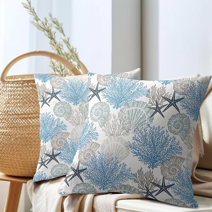 Coastal Starfish Seashell Coral Pillow Covers 24x24 Inch Set of 2 Summer Nautical Beach Decorative Pillow Cases Sea Ocean Cotton Linen Cushion Case Farmhouse Home Decor for Sofa Couch Bedroom
