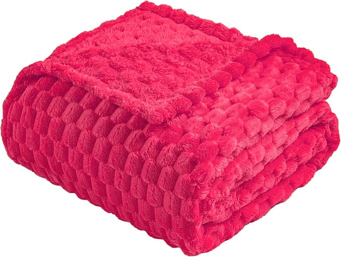 Vessia Flannel Fleece Throw Blanket(50x70 inch), 3D Jacquard Hot Pink Fuzzy and Warm Blanket for Couch,Sofa,Bed,Chair, 300GSM Super Soft Touch Cozy Lightweight Throw for All-Season Home Decor