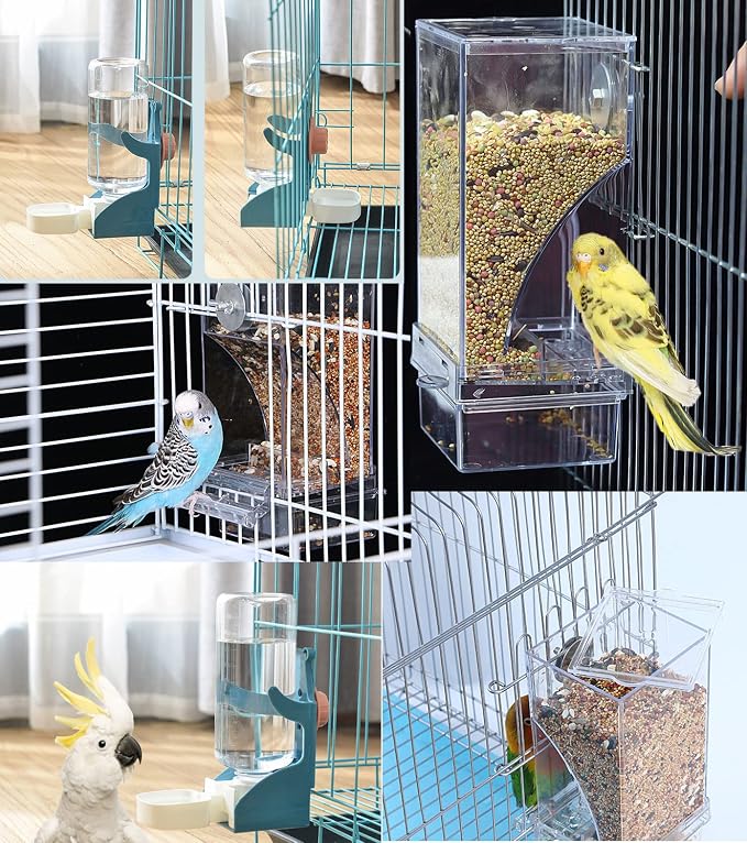 Kenond No Mess Bird Feeders Water Dispenser Set，Automatic Feeders for Cage | Automatic Parrot Feeder Cage Accessories, Clear Seed Container Food Drinker for Cage, for Cockatiel Lovebirds Budgies Canary