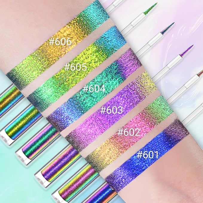 Multichrome Liquid Eyeshadow,Chameleon Eyeliner Colorful Eye Freckle Pen,Metallic Holographic Waterproof Long Lasting Smooth High Pigment Eyeshadow Highlighter Halloween Party Makeup(#605)
