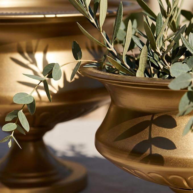 WORTH 8" H. Gold Color Urn Vase for Centerpieces, 11.8" Dia. Classic Metal Trumpet Small Flower Pot for Table, Bowl Vase for Wedding Party Event Home Decor, Smooth, Non-Aged Finish