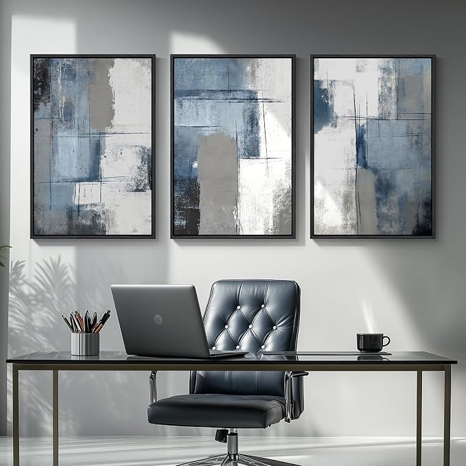Large Framed Blue and Grey Abstract Wall Art for Living Room, 3 Piece Modern Canvas Prints Paintings Artwork for Walls, Minimalist Abstract Pictures Wall Decor for Hallway Office Bedroom 24x36 In