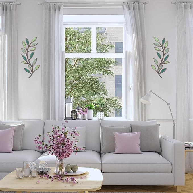 Zhengmy 2 Pcs Metal Leaf Wall Art Vine Branch Decor,Gradient Green | Olive Branch Metal Decor for Living Room Hallway, Symmetrical Leaf Pair for Doorway Entryway, Lightweight Hanging Art Design