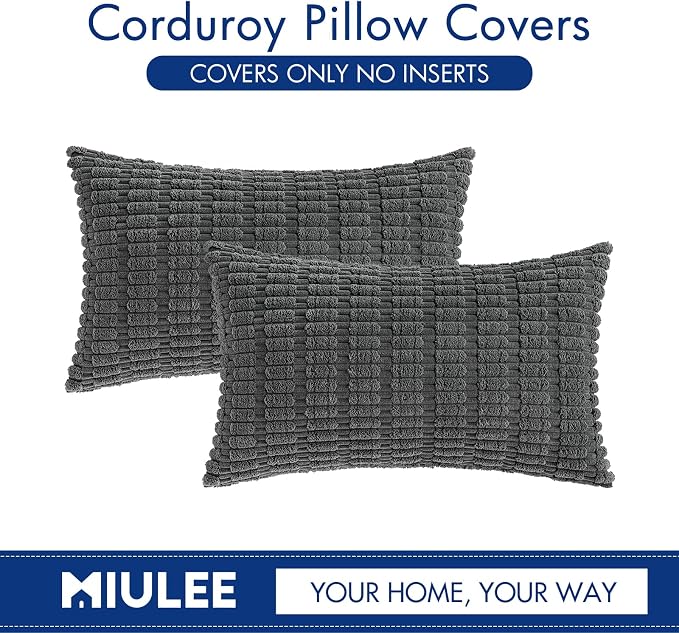 MIULEE Lumbar Corduroy Decorative Throw Pillow Covers 12x20 Dark Grey | Pack of 2 Soft Boho Striped Pillow Covers Modern Farmhouse Home Decor For Sofa Living Room Couch Bed