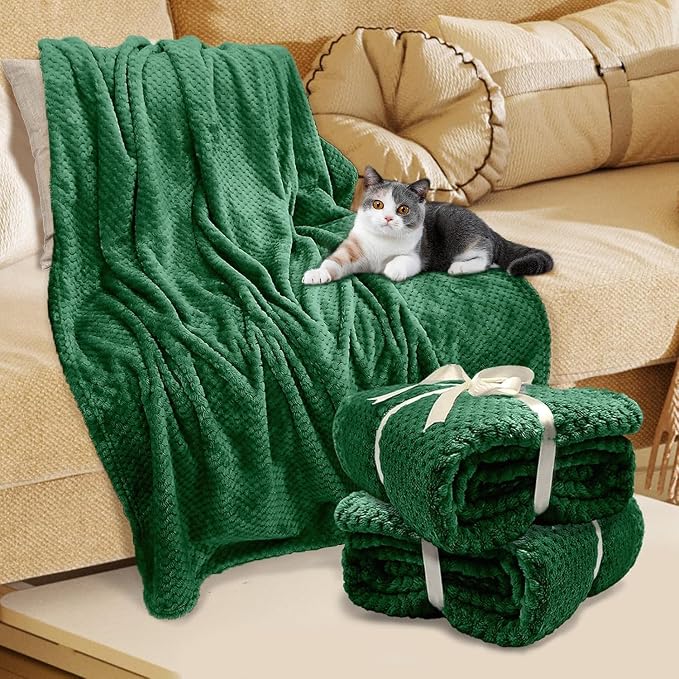 4 Pack Fleece Throw Blankets 50x60 Inches - Oeko-Tex Certified 100, 270 GSM Ultra Soft Plush for Bed, Couch and Cozy Gifts. 3D Waffle Texture, No Shedding No Pilling All Season (Green)