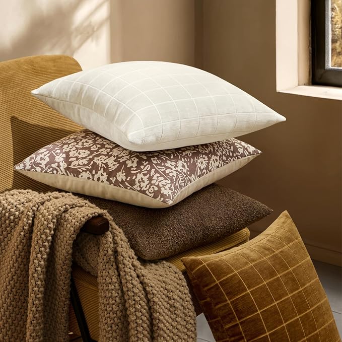 MIULEE Cream Plaid Decorative Lumbar Throw Pillow Covers 12x20 Set of 2 | Vintage, Check Chenille Couch Pillows, Neutral Boho Farmhouse Cushion Covers, Modern Home Decor for Sofa Bed Living Room