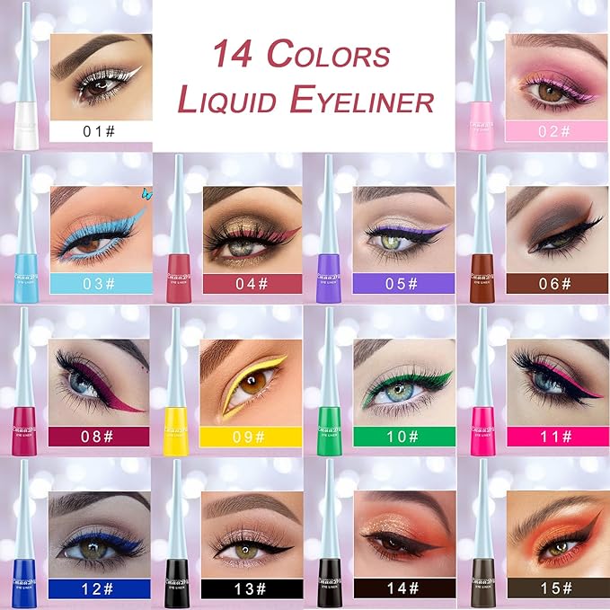 BONNIE CHOICE 14 Colors Liquid Color Eyeliner, Halloween Waterproof Matte Colored Eyeliners Smudge-proof Fluorescent Colorful Eyeline Face Body Paint Cosplay Valentine's Day Gifts for Women