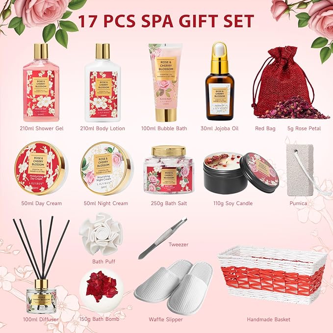 17Pcs Mothers Day Gift Basket, Gifts for Women - Rose Bath and Body Spa Gift Basket for Women, Skin Care Set for Women | Relaxing Care Kit for Christmas, Birthday, Valentines Day, Anniversary Gifts