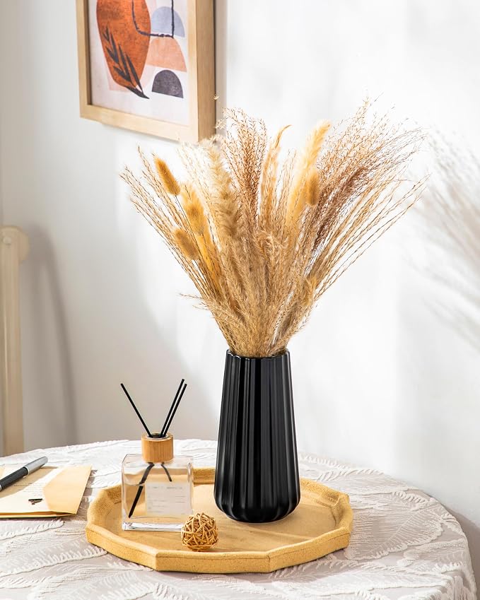 vancasso Ceramic Vase, 7.8 Inch Modern Ribbed Glossy Decorative Vase, Flower vase for Home Decor, Living Room, Bedroom, Office Decor, Black