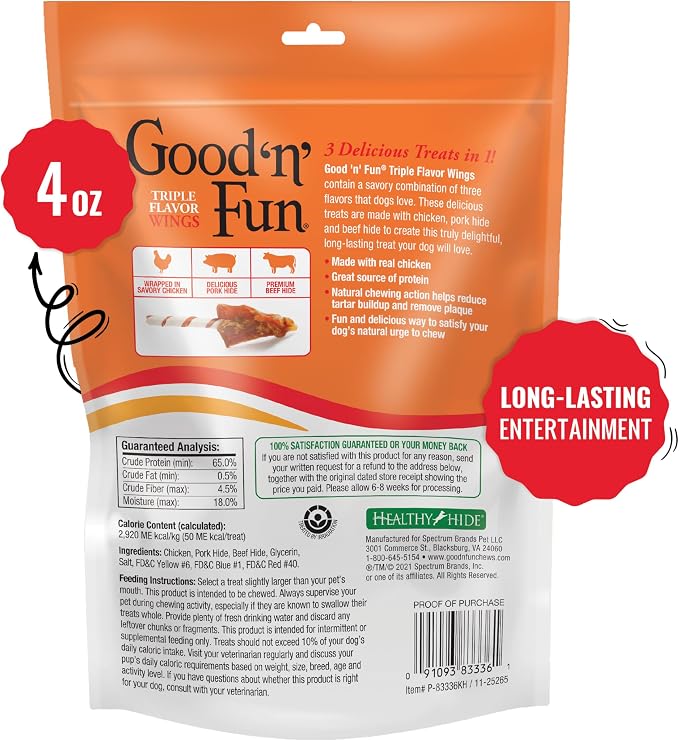 Good 'n' Fun Wings Long-Lasting Dog Treat With Real Protein, 4 oz (36 Pack) | Premium Chicken, Pork and Beef Hide Chew, Supports Dental Health and Mental Stimulation, For Adult Dogs