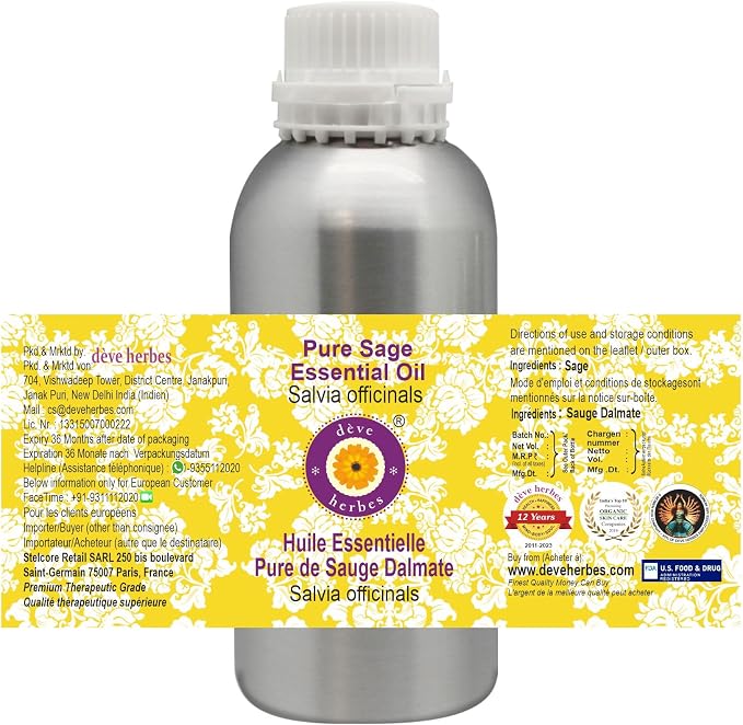 Deve Herbes Pure Sage Essential Oil (Salvia officinalis) Steam Distilled 630ml (21 oz)