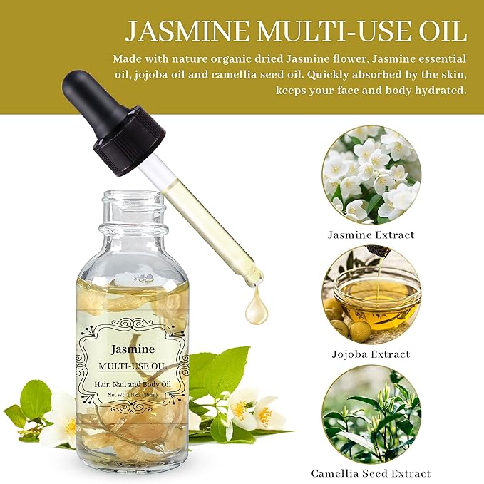 Jasmine Multi-Use Oil for Face, Body and Hair - Organic Plant Fragrant Essential Oil for Dry Skin, Scalp and Nails - 1 Fl Oz