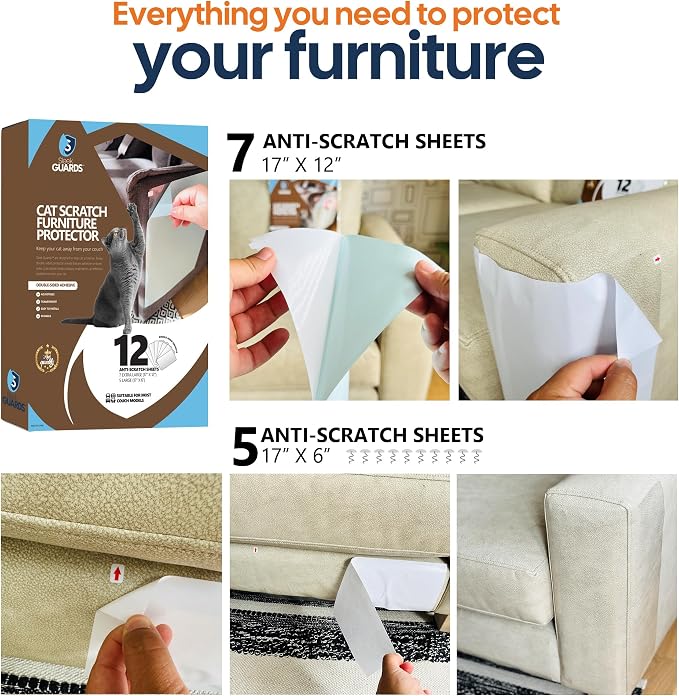 Cat Scratch Furniture Protector, 12-Pack Double-Sided Couch Protector from Cat Claws — Sticky Anti-Scratch Training Tape Sheets for Sofa, Door & Corner, Clear Cat Deterrent