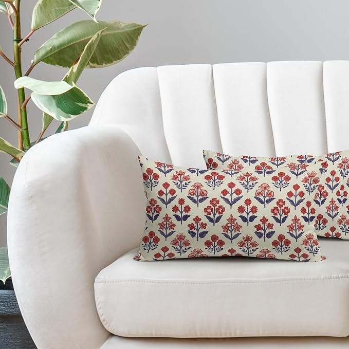 4th of July Patriotic Floral Block Print Pillow Covers 12x20 Inch Set of 2, Navy Blue Red Flower Lumbar Decorative Throw Pillowcases Outdoor Memorial Day Cushion Covers Holiday Sofa Couch Bed Decor