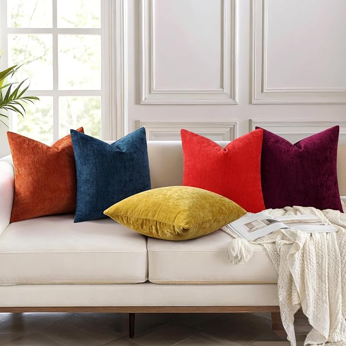 decorUhome Soft Chenille Navy Blue Throw Pillow Covers 24X24 Set of 2 | Decorative Fall Couch Pillow Covers Solid Dyed Accent Modern Euro Sham Farmhouse Neutral Square Pillow Cases for Sofa