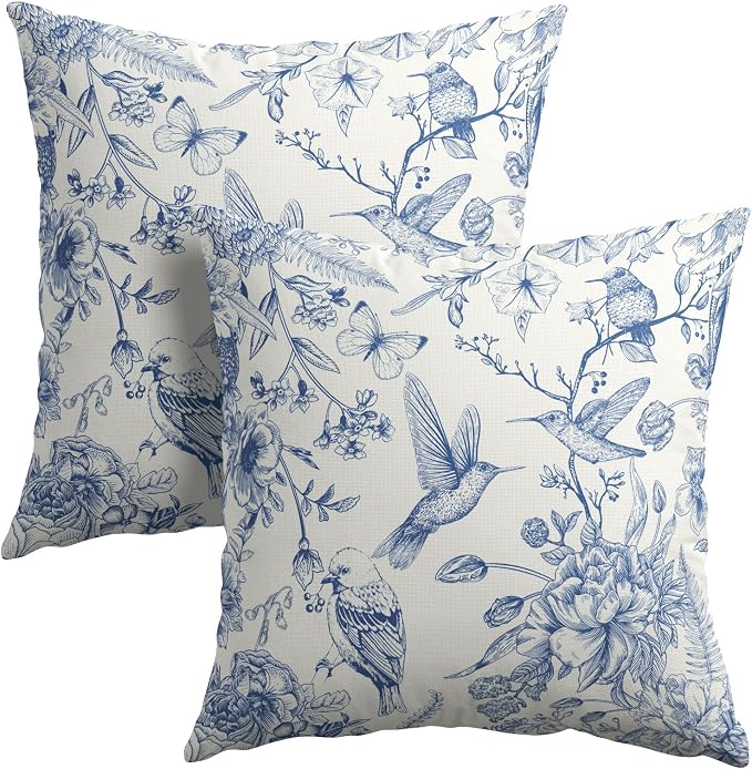 Kawani Chinoiserie Blue Floral Pillow Covers 20x20 Inch, Set of 2 Vintage Flowers Hummingbirds Cotton Linen Square Pillowcase Cushion Cover for Couch Sofa Garden Patio Bedroom Livingroom