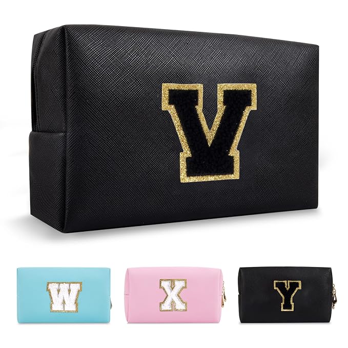 Personalized Initial A-Z Preppy Patch Makeup Bag,Small PU Chenille Letter Cosmetic Bag with Zipper for Teen Girls,Black Cute Toiletry Organizer Bag,Monogram Makeup Case Gift for Women Girls,Letter V