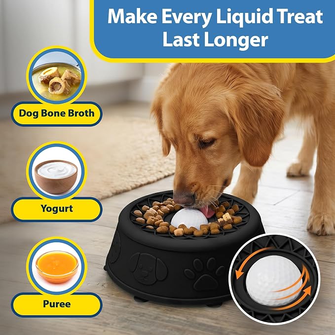 Slow Feeder Dog Bowls with Rolling Ball & Lick Mat for Dogs, Interactive Dog Enrichment Toy, Anti-Slip Puzzle Feeder for Yogurt, Bone Broth & Wet Food, Slow Eating Bowl for Small, Medium & Large Dogs