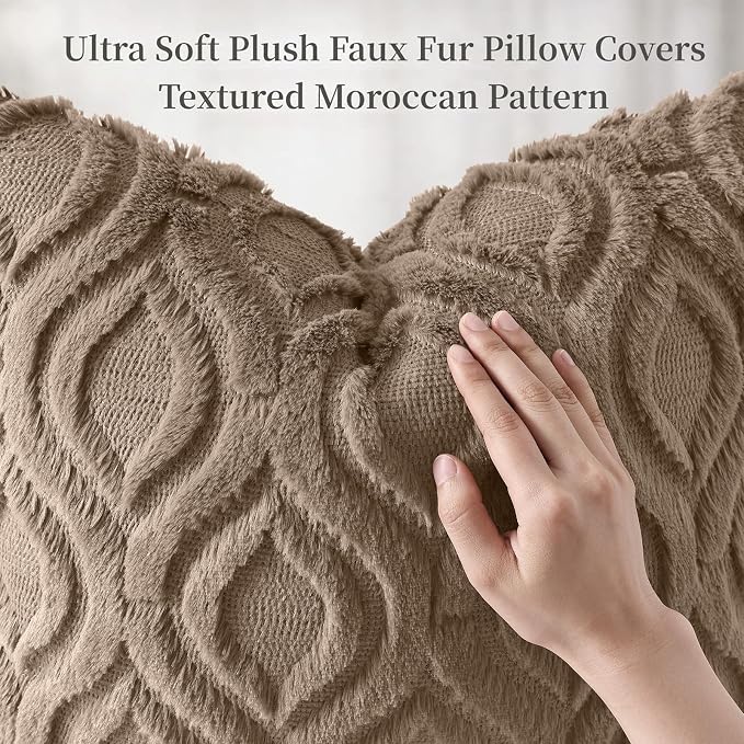 decorUhome Faux Fur Soft Light Brown Throw Pillow Covers 16x16 Set of 2 | Plush Solid Fall Couch Pillow Covers, Accent Modern Farmhouse Neutral Decorative Square Pillow Cases for Sofa Bed Living Room