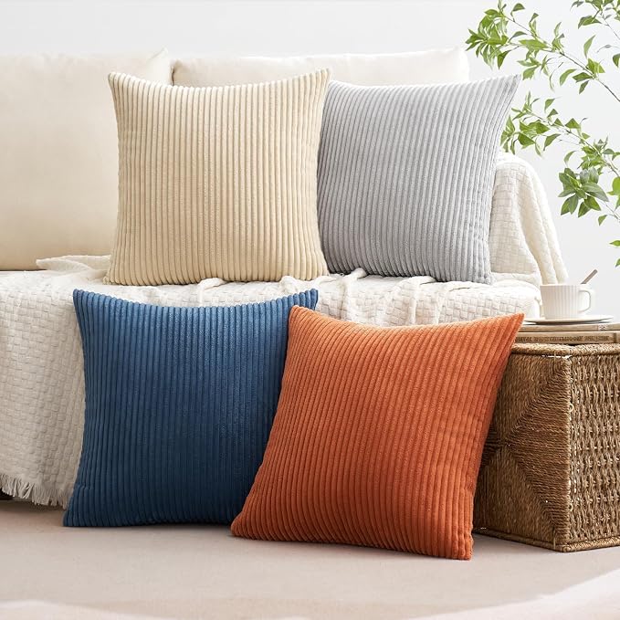 MIULEE Soft Corduroy Decorative Throw Pillow Covers Blue-Yellow 20x20 | Set of 4, Mordern Nordic Coastal Decor, Ocean Ember Set, Boho Farmhouse Cushion Covers for Couch Bed Sofa Living Room