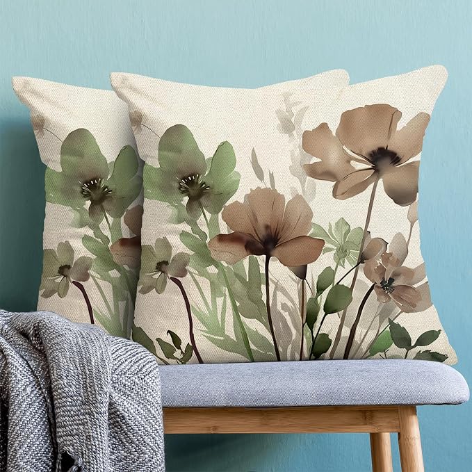 Spring Floral Pillow Covers 18x18 Inches Set of 2 Sage Green Brown Floral Throw Pillow Cover Outdoor Rustic Summer Flower Decoration Pillowcase Farmhouse Decorative Cushion Cover For Sofa Couch