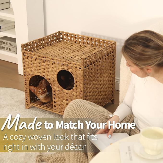 Handwoven Wicker Cat House with Peekaboo Window, for 1-2 Cats Under 20 lb | Woven wicker and raised base for airflow, cool for summer use. Natural furniture look. Rinse clean. Pop open and no assembly.