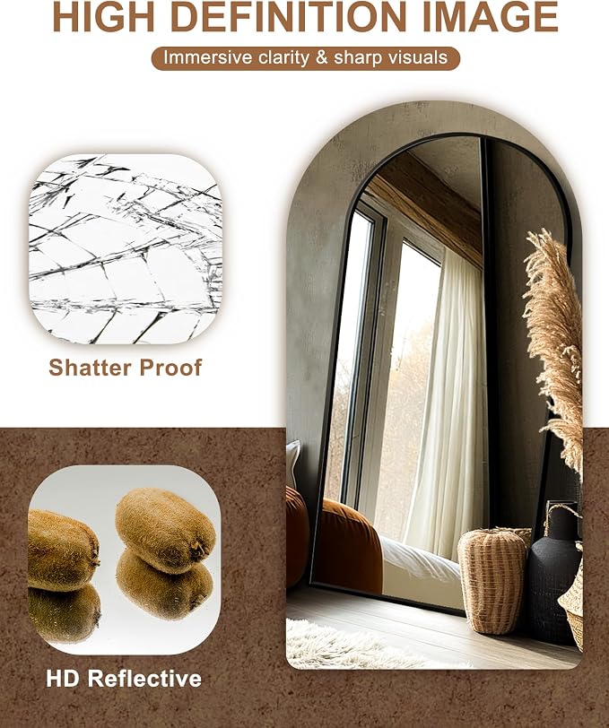 Arched Full Length Mirror with Stand, 70x35 Black Floor Mirror | Aluminium alloy frame with HD float glass for distortion-free reflection. Free standing or wall mounted.