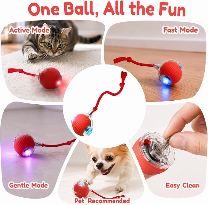 Interactive Cat Toy Ball, Smart Interactive Cat Toys, Smart Cat Toy for Enrichment, Motion Activated Automatic Cat Toys to Keep Them Busy (Red)