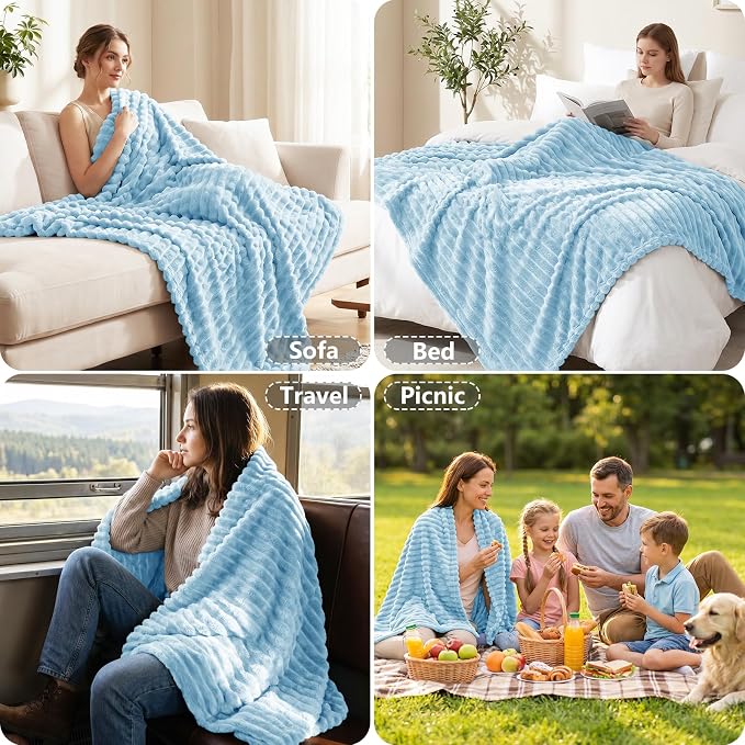 Light Blue Throw Blanket for Couch & Bed, 50 x 60 Inch | 300GSM Ribbed Fleece Blanket, Soft, Cozy & Lightweight, OEKO-TEX Certified, All-Season Use for Travel, Dorm & Home Decor