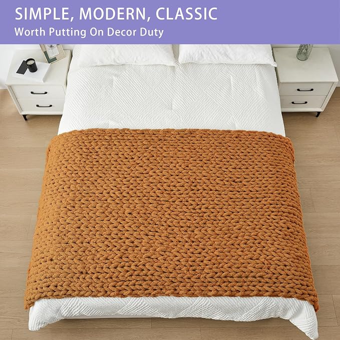 Bigacogo Chunky Knit Throw Blanket for Couch, 40x80 inches, Burnt Orange | Hand Knit with Jumbo Chenille, Soft Breathable Cable Knit for Sofa Bed Living Room, Machine Washable, Gift for Mom Friend