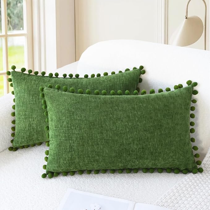 CaliTime Decorative Couch Throw Pillow Covers 20 X 12 Inches Forest Green | Pack of 2, Cozy Chenille Cushion Cases, with Pom Poms for Sofa Bed Living Room Farmhouse Home