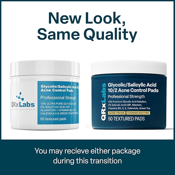 QRxLabs Salicylic & Glycolic Acid Pads (2% Salicylic & 10% Glycolic) - 50 Count Jar - Exfoliating Pads for Acne & Bacne Treatment with Vitamins B5, C & E & Calendula & Green Tea