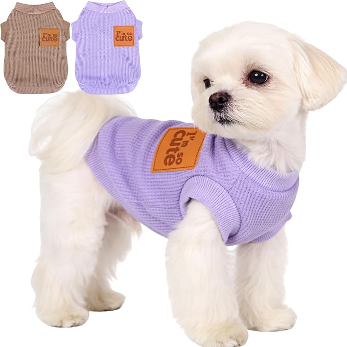 2 Pack Dog Shirt Vest Dog Clothes for Small Dogs Summer Waffle Puppy T-Shirts Soft Sleeveless Pet Clothes Lightweight Medium Large Doggy Outfit Cat Clothing (Purple+Khaki, Small)