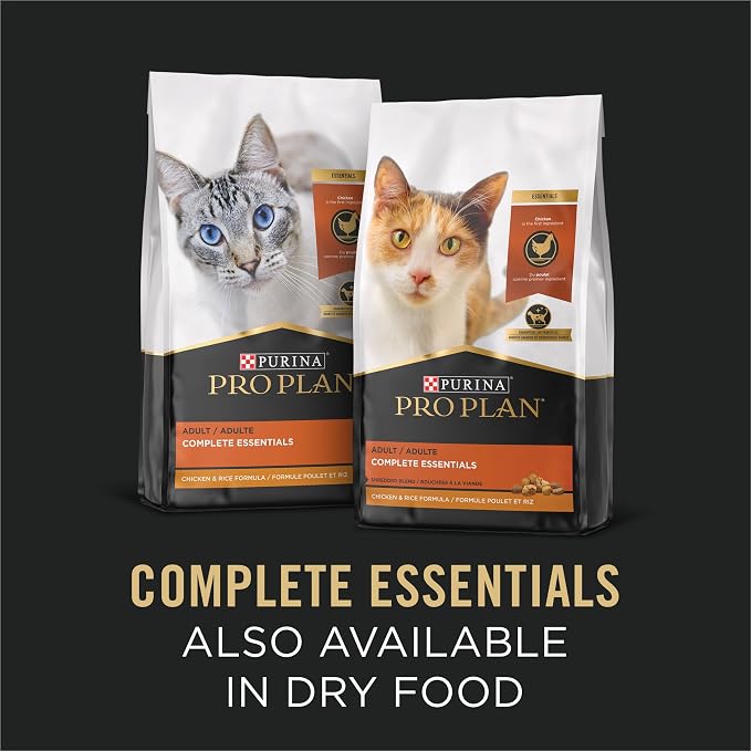 Purina Pro Plan Complete Essentials Wet Cat Food Pate Variety, (24) 3 oz | 3-Flavors, Real Chicken, Turkey or Beef, grain free cat food loafs, with vegetables, no artificial colors or preservatives