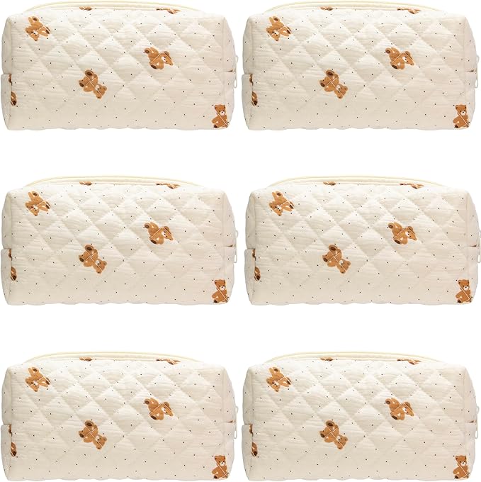 PAZIMIIK Small Quilted Makeup Bag,Zipper Cosmetic Pouch,Gauze Bear,6 Pack | Lightweight Cosmetic Bag Organizer for Women,Purse Storage Holds Makeup,Toiletries,Skincare,Beauty Essentials,Travel Items