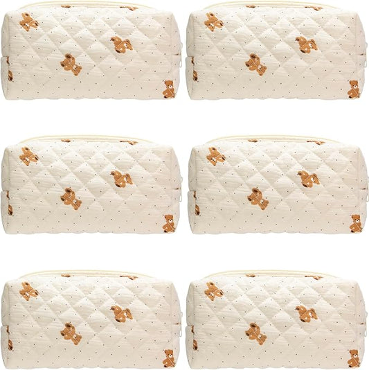 PAZIMIIK Small Quilted Makeup Bag,Zipper Cosmetic Pouch,Gauze Bear,6 Pack | Lightweight Cosmetic Bag Organizer for Women,Purse Storage Holds Makeup,Toiletries,Skincare,Beauty Essentials,Travel Items