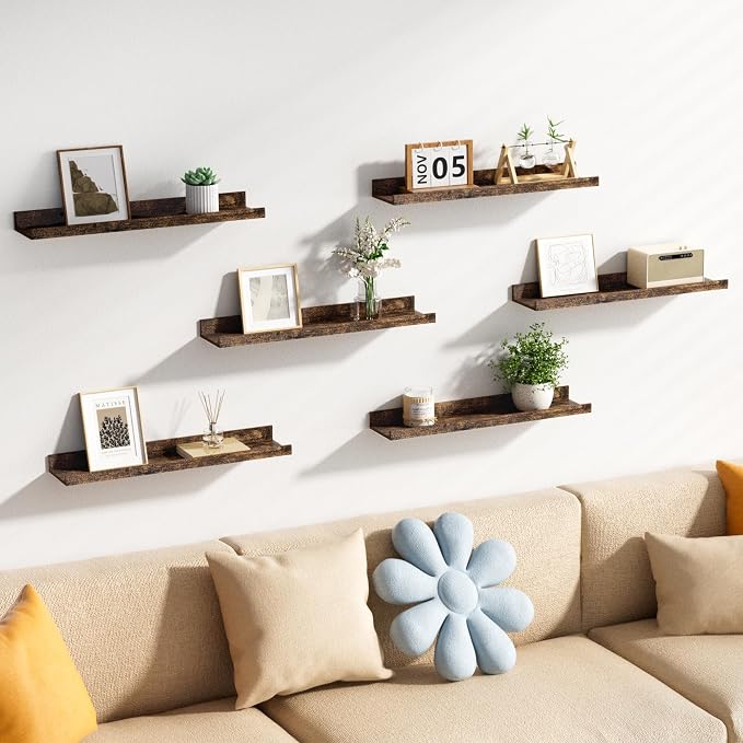 upsimples Floating Shelves for Wall Decor and Storage, Brown, 6Pcs 23.6'' | Wall Mounted Wood Shelves for Living Room, Bedroom, Bathroom, Kitchen, Office, Nursery Room, Coffee Bar Display and Organize