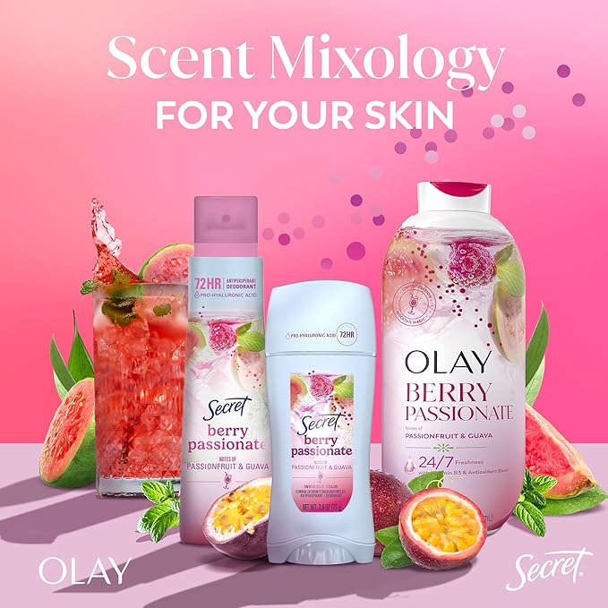 Olay Body Wash for Women, 24/7 Skin-Loving Freshness, Miami Mocktails, Plant Based Cleansers, Vitamin B3 & Antioxidant Blend, All Skin Types, Berry Passionate with Passionfruit & Guava Scent, 22 fl oz