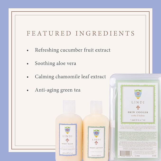 LINDI SKIN Soothing Body Treatment Trio - Includes Body Wash, Body Lotion, and Cooler Pad - Relieves Painful Effects of Radiation Burn - Dermatologist & Allergy Tested Skin Care Products