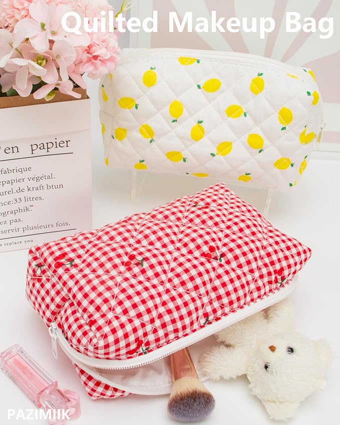 PAZIMIIK Small Quilted Makeup Bag,Zipper Cosmetic Pouch,Gingham Red Cherry | Lightweight Cosmetic Bag Organizer for Women,Purse Storage Holds Makeup,Toiletries,Skincare,Beauty Essentials,Travel Items