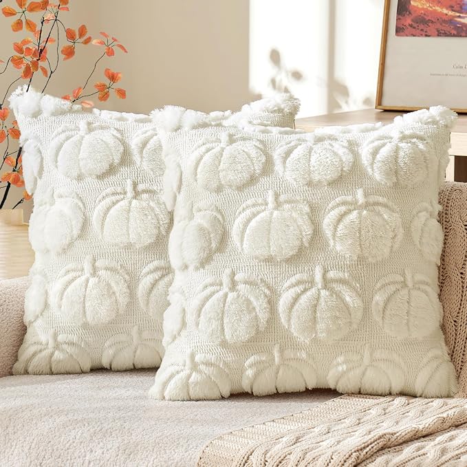MIULEE Fall Pillow Covers Pumpkin Fall Decor 22x22 Cream White | Set of 2 Fall Decorations for Home, Plush Faux Fur Farmhouse Accent Pillowcases, Porch Sofa Couch Cushion Bed Livingroom