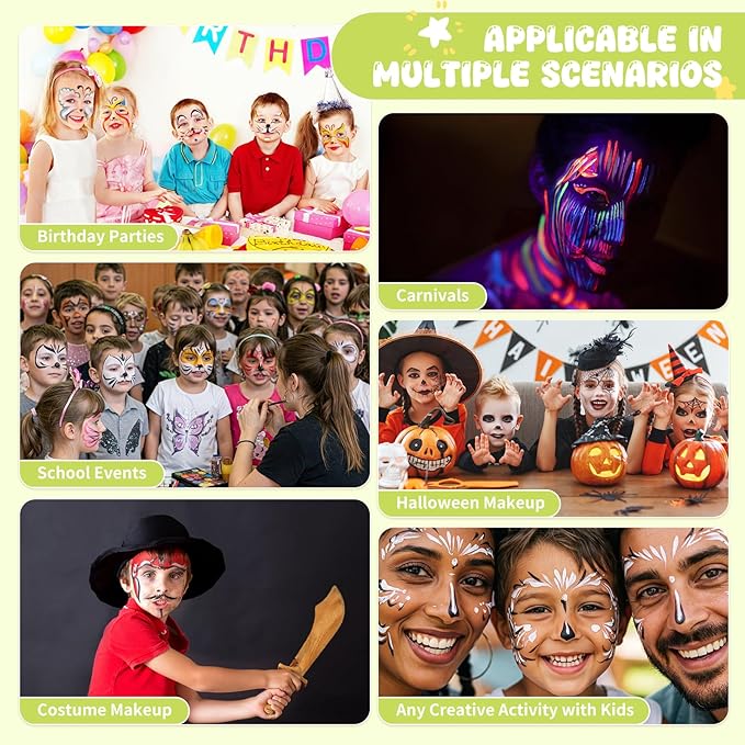 Pintada 44 Color Face Painting Kit for Kids - Non Toxic Water Activated Face Paint Palette with Stencils, Brushes, Gems & Glitter. Halloween, Carnival, Party; Costume Makeup for Creative Activities