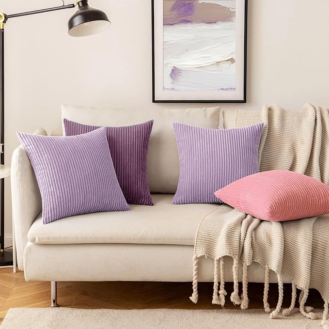 MIULEE Decorative Corduroy Throw Pillow Covers Set of 2 18x18 Lavender | Soft Striped Textured Cushion Cases, Boho Energetic Vibe Pillowcases for Home Decor, for Couch Chair Sofa Bed Living Room