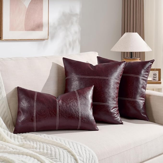 Fancy Homi Burgundy Faux Leather Decorative Throw Pillow Covers 20x20 Inch for Couch Bed Sofa, Rustic Modern Farmhouse Boho Home Decor, Wine Red Hand Stitched Accent Square Cushion Case 50x50 cm