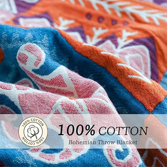 MSGKV Boho Throw Blanket 80"x90" 100% Cotton Checkered Throw for Bed Couch | 100% Cotton Throw, Checkered Pattern, Reversible Woven, Lightweight Comfort, Farmhouse Decor, All Seasons, Machine Washable