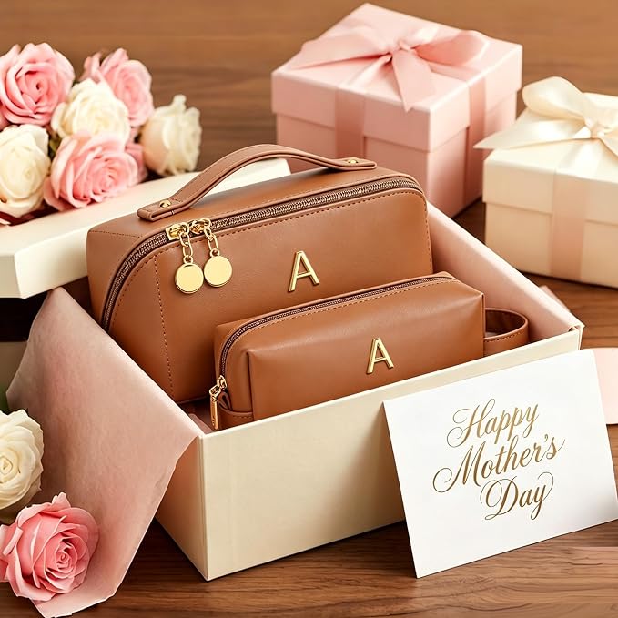 KKXIU Initial Makeup Bag for Women - Personalized Makeup Bag Gifts for Women, Travel Toiletry Bag with PU Leather, Open Flat Design with Top Handle, Cosmetic Bag Set with Multi-Pocket (Brown,I)