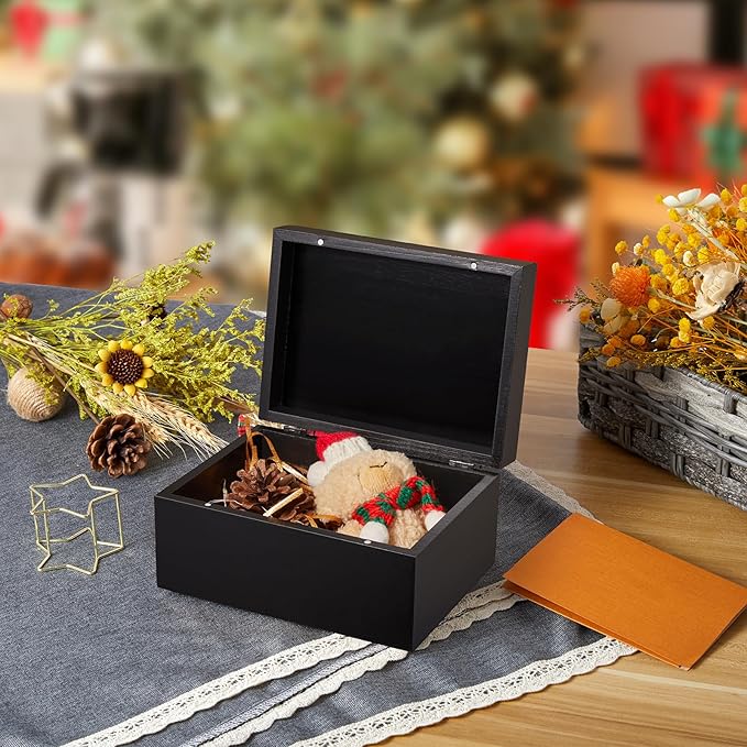 DRASTAR Small Keepsake Box, Black Wood Memory Box with Hinged Lids, Wooden Jewelry Storage Box,3x5, 4x6 Decorative Card Box, Bridal Shower Gifts