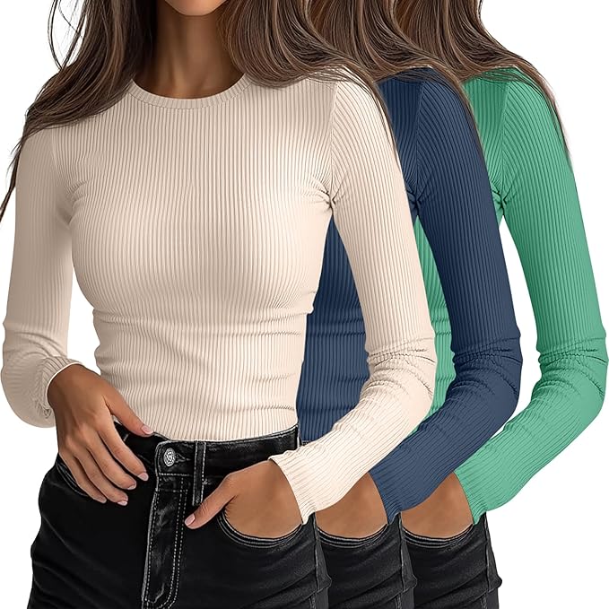 Ficerd 3 Pack Women's Ribbed Long Sleeve Tops, Crew Neck Slim Fit Undershirts Knit Basic Casual Stretch Layering Tee Shirts