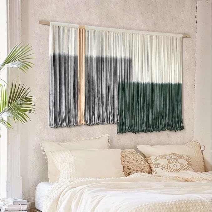Macrame Wall Hanging Green Large Dip Dye Fiber Wall Art Bohemian Yarn Tapestry Wall Décor 57''W*35''L | Hand Dyed Yarn Wall hanging, Green Dip Dye Design, Boho farmhouse style, for Living Room Bedroom office entryway, home decor